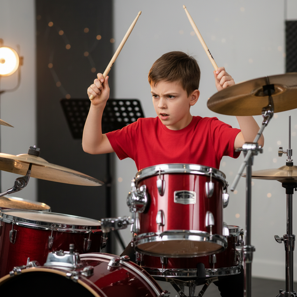 Boy in red shirt focused at a full drum kit, sticks raised above snare, eyes locked in