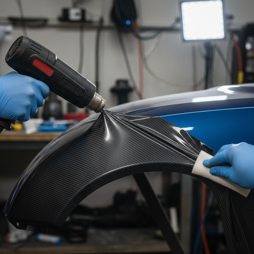Heat gun smoothing vinyl around a complex compound curve on a fender flare showing no creasing