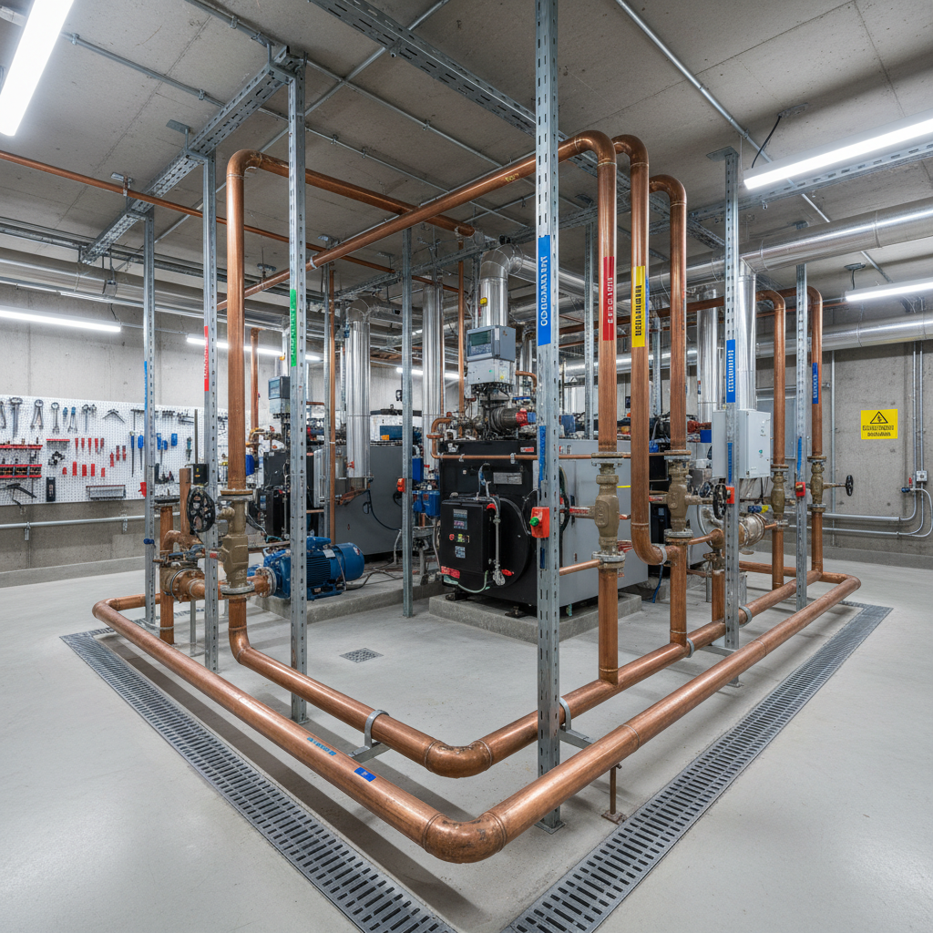 Boiler room with perfectly pitched drainage runs and labeled pipe supports