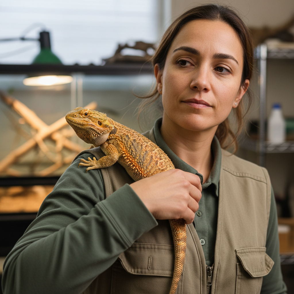 Deja Okonkwo, Exotic Specialist, with a bearded dragon on her shoulder