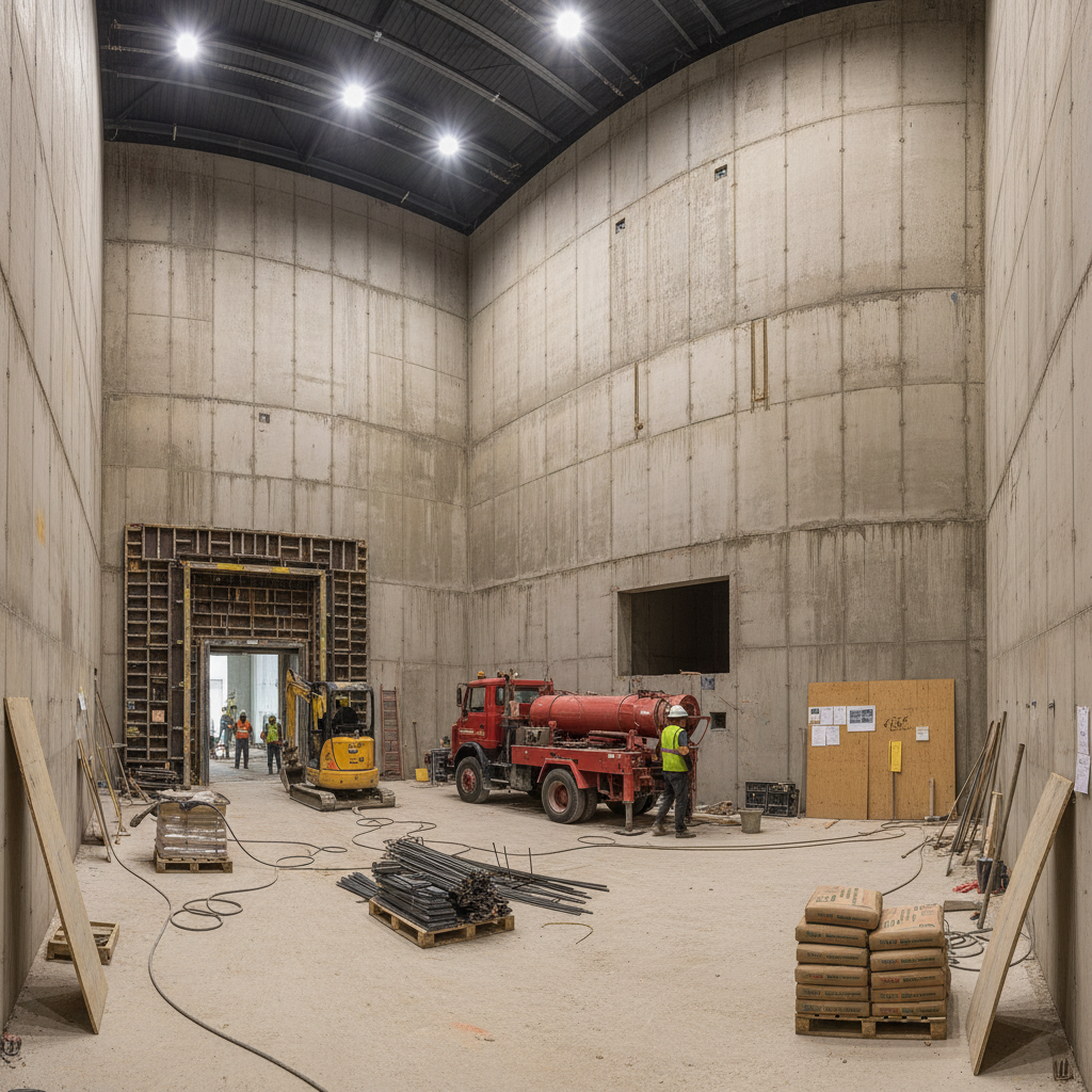 Massive concrete retaining wall construction site with heavy machinery, dark industrial atmosphere, deep shadows, rough textured concrete surface
