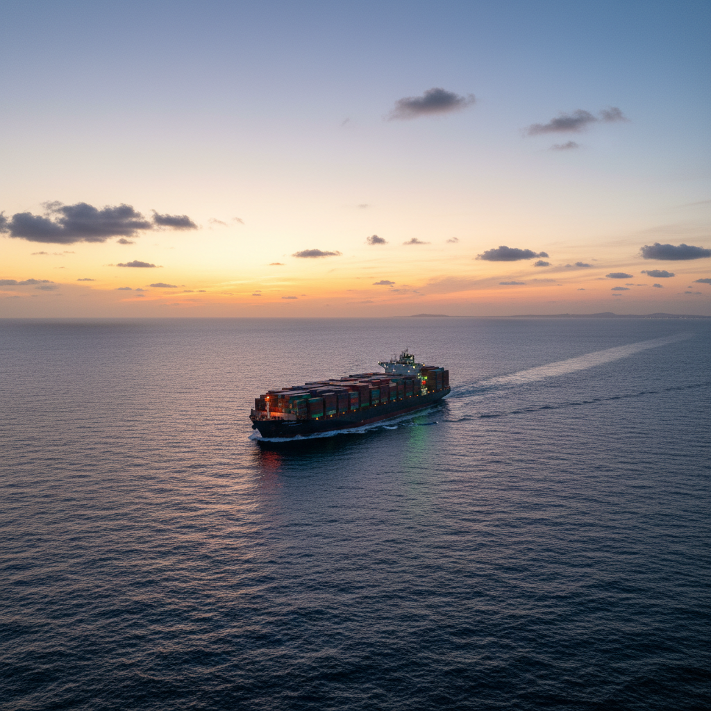 Dark LNG tanker vessel at night on open sea, deep ocean shadows, minimal navigation lights