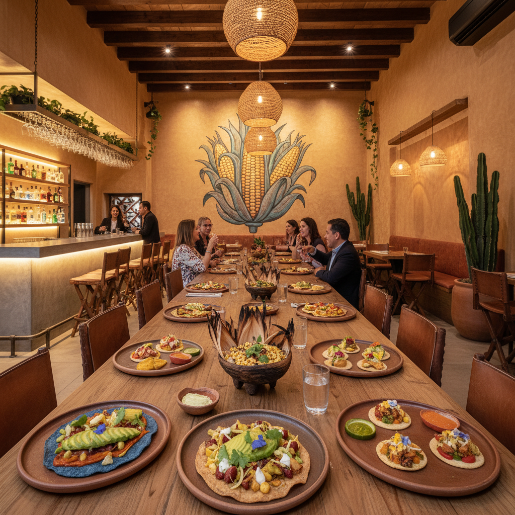 Modern Mexican restaurant with artistic food presentation, warm amber lighting and colorful ceramic tableware