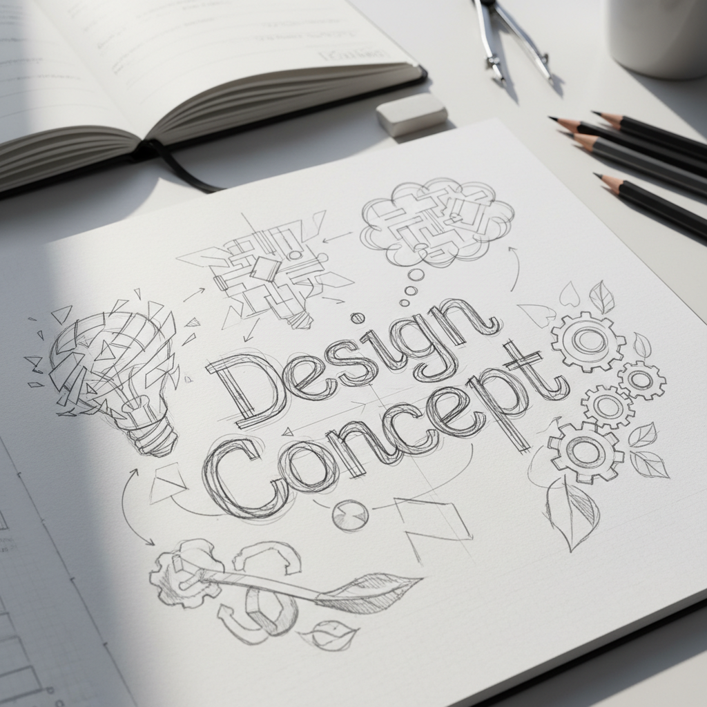 Logo design process sketches on white paper, pencil, bright natural light