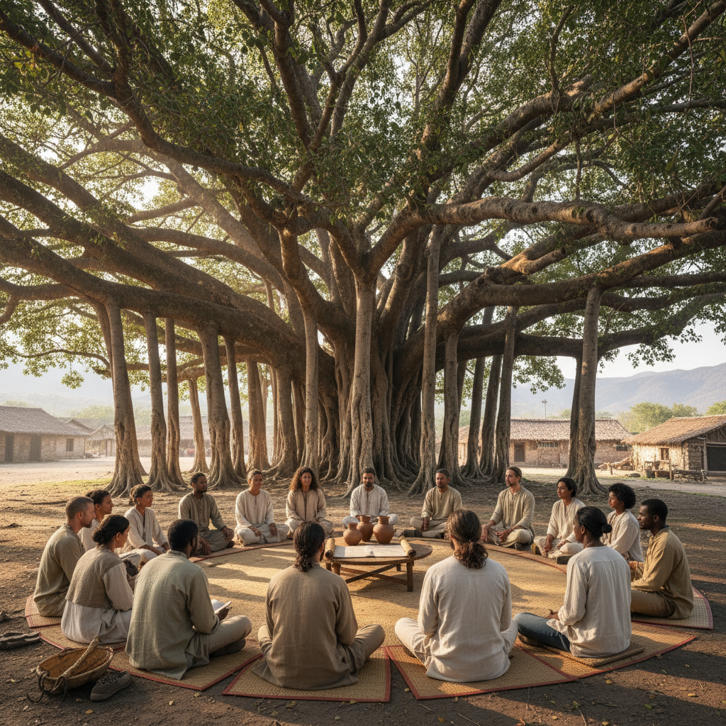 Council members seated in half-circle under banyan tree