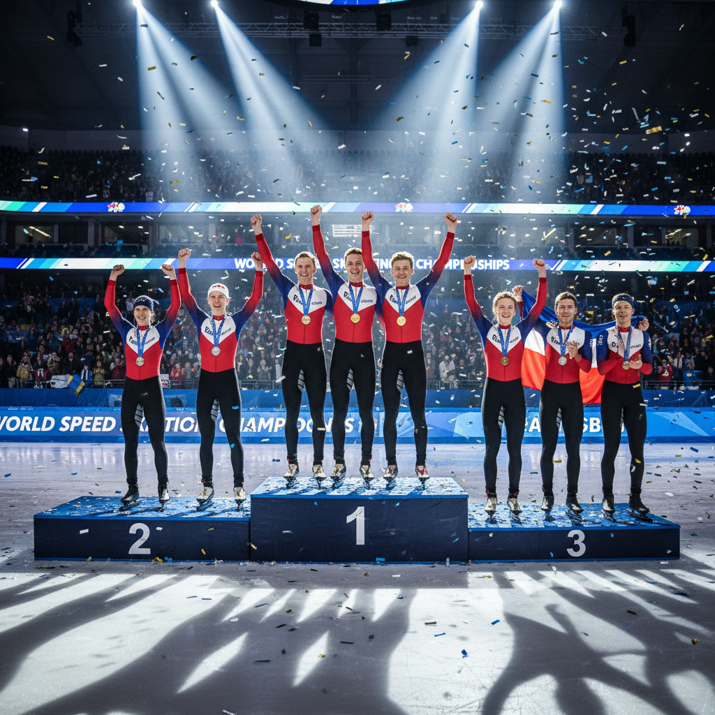 Speed skating championship podium ceremony with athletes celebrating under arena lights, crowd visible in background