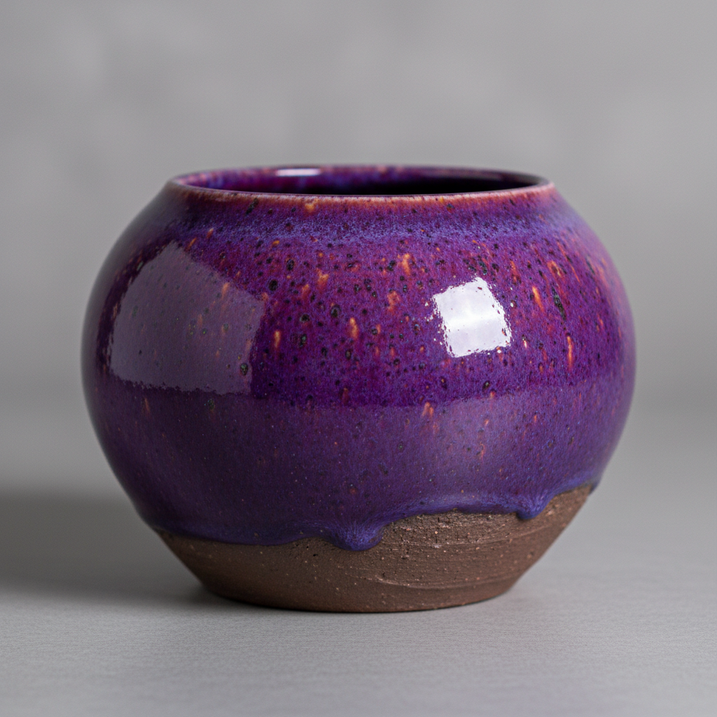 Speckled stoneware vessel with deep violet glaze that glows like a kiln element at peak temperature