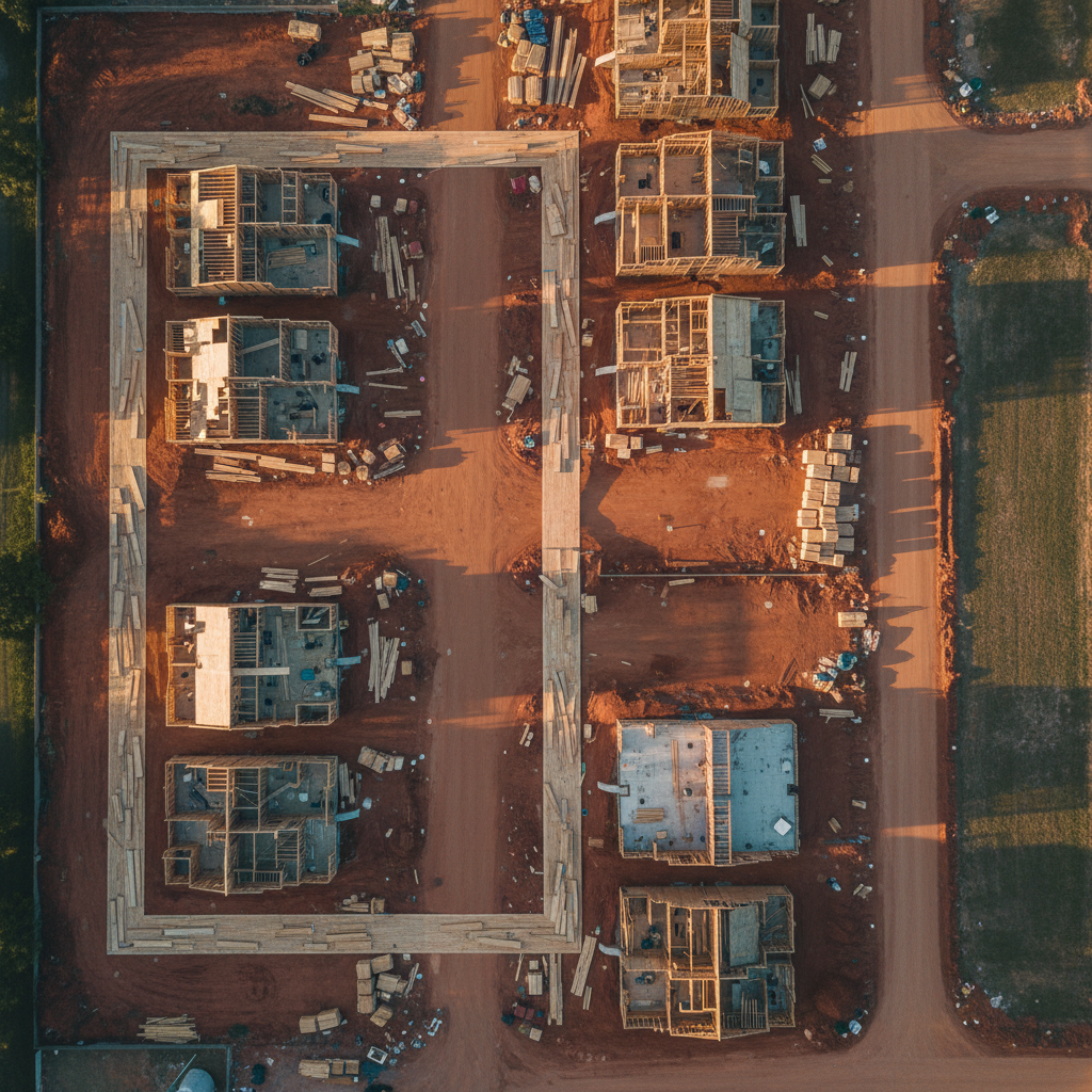 Aerial view of a half-framed subdivision at golden hour with lumber stacks casting long shadows across red clay lots