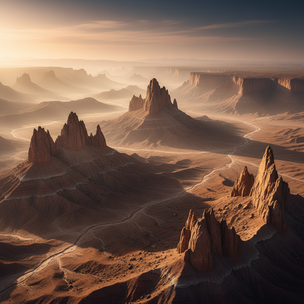 Iconic Bollywood classic — dramatic rugged landscape, warm golden dust haze, deep shadows, cinematic Western-inspired atmosphere