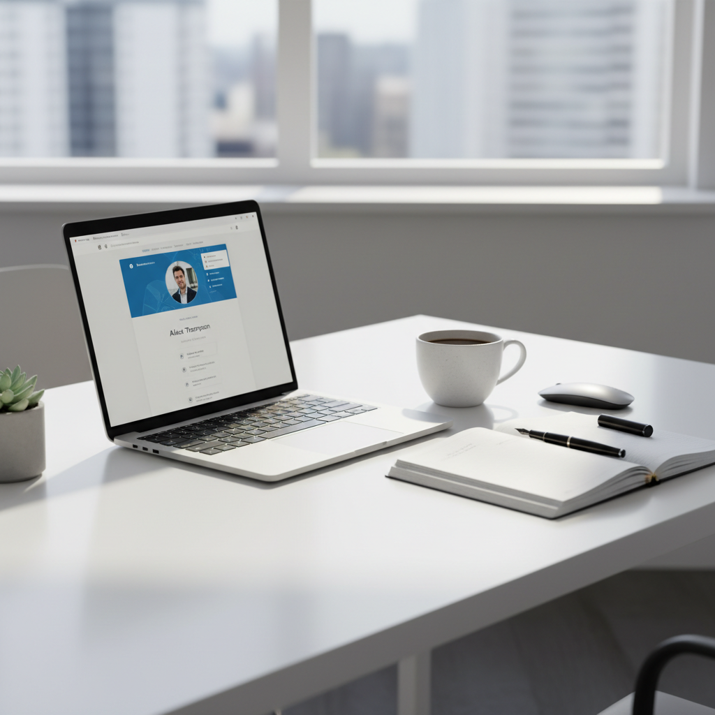 Laptop screen showing a LinkedIn profile page in a bright modern workspace with natural light