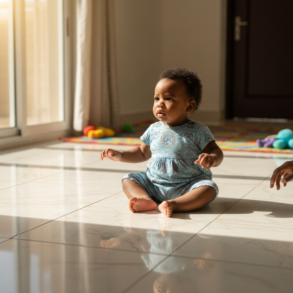 Black Nigerian baby learning to sit on hard tile floor, looking curious and unsteady, bright home environment