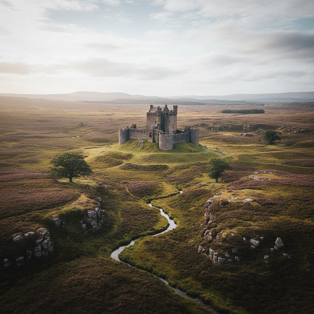 Dramatic Scottish Highlands landscape with misty mountains, heather moorland, and ancient castle ruins at sunset