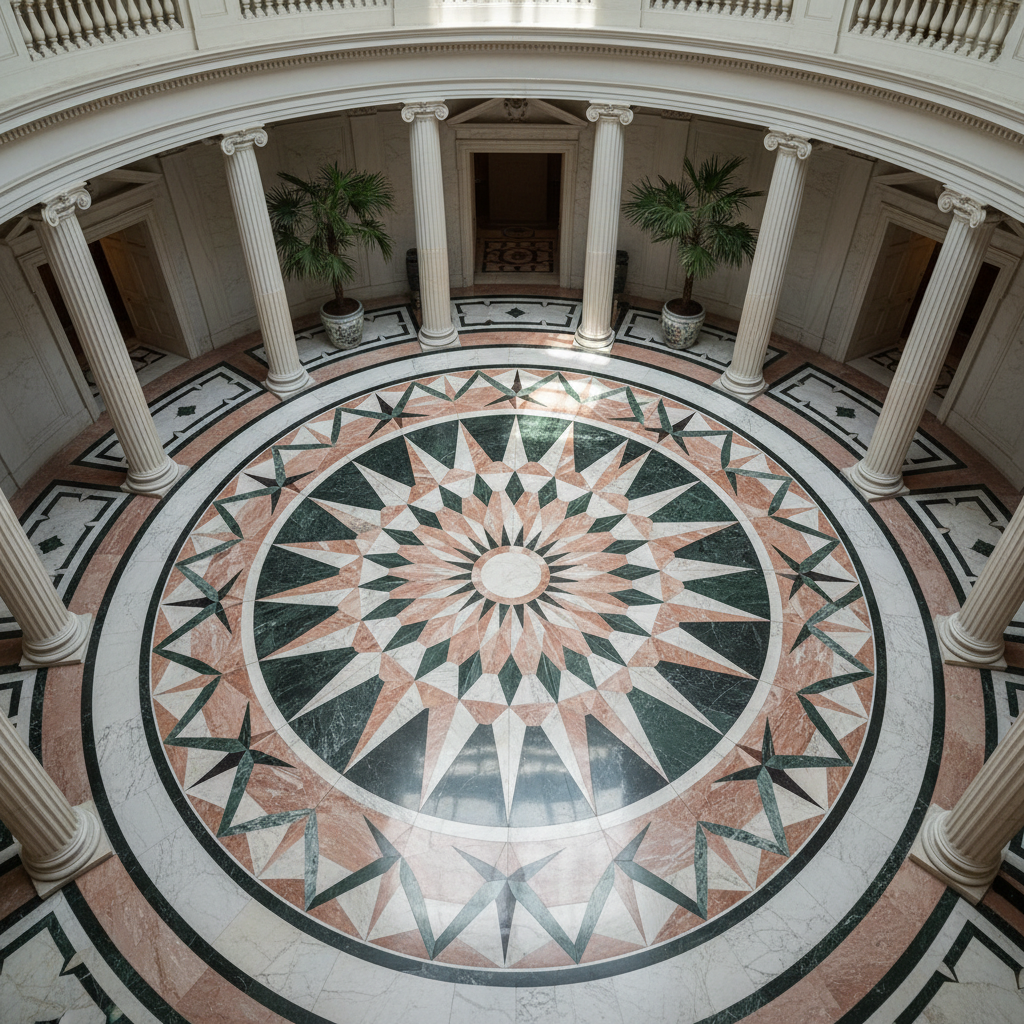Marble foyer viewed from above with geometric floor inlay and natural light