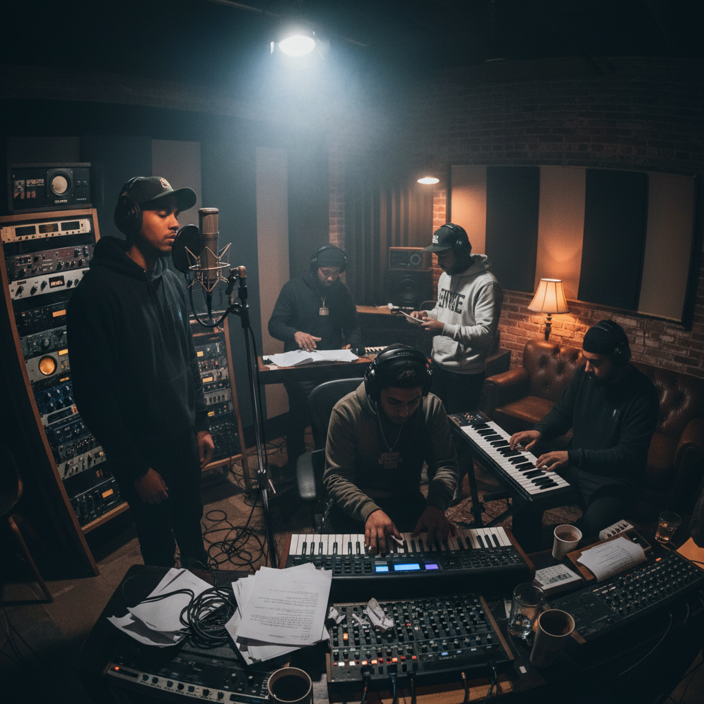 Dark studio recording session with warm amber glow and atmospheric shadows