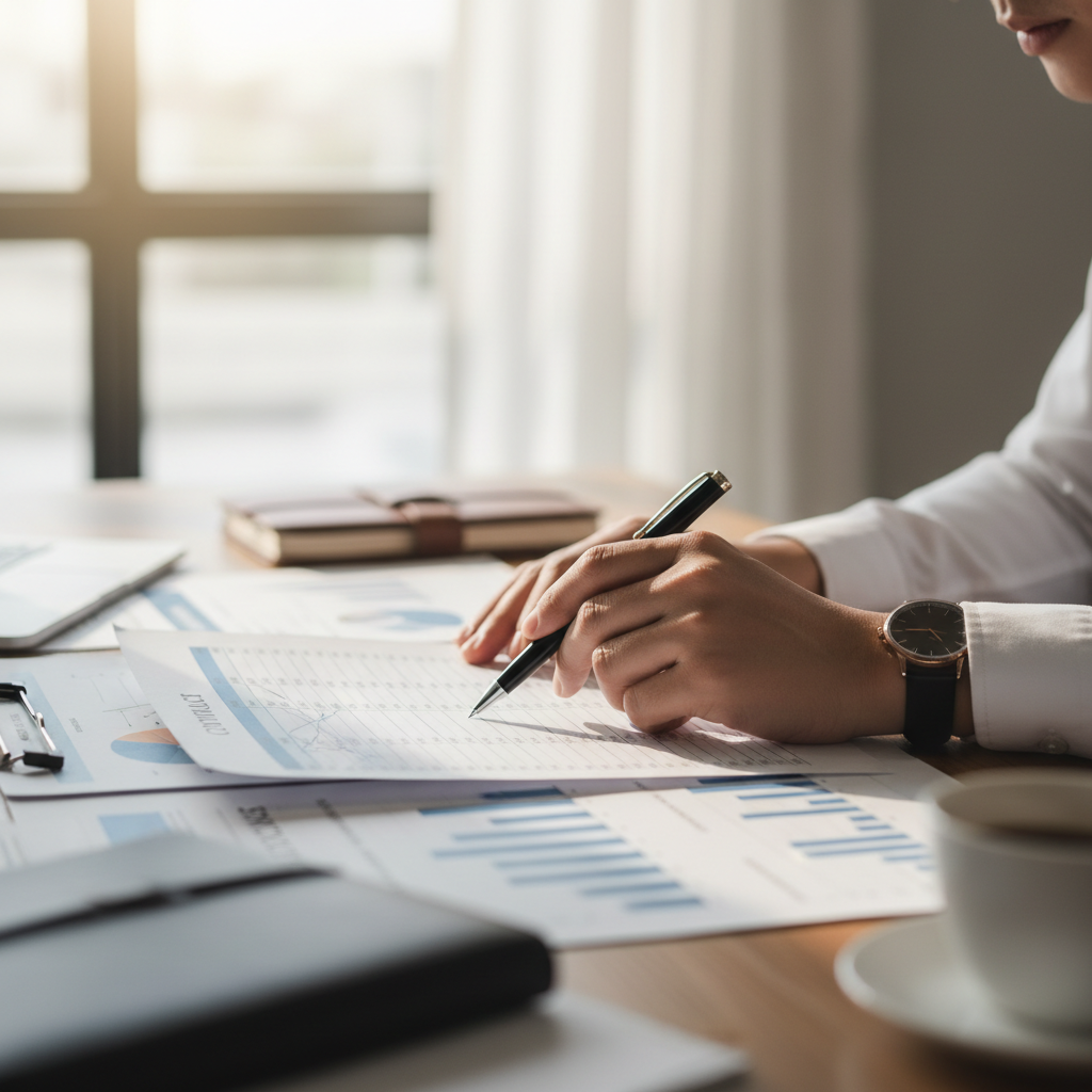 Person reviewing financial documents with pen in hand