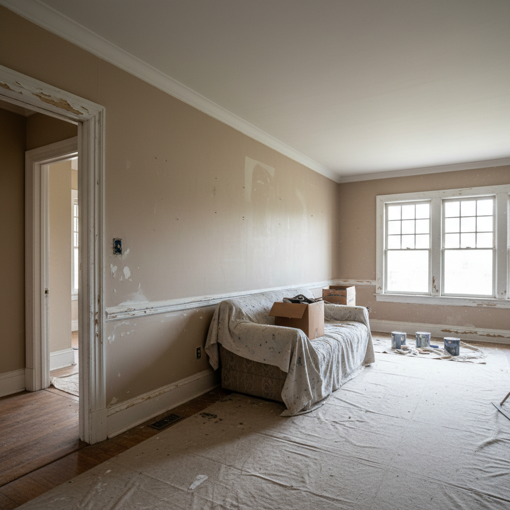 Living room before decoration. Dated wallpaper, scuffed skirting boards and worn paintwork