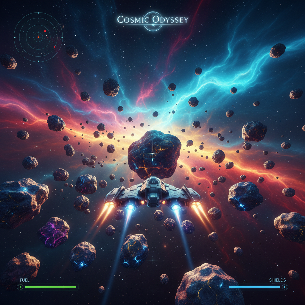 Space-themed mobile game with colorful planets and spacecraft