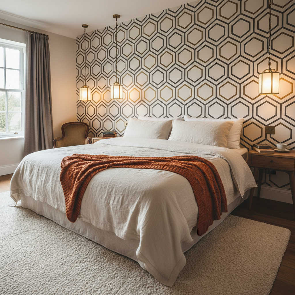 Cosy bedroom at The Felin Fach Griffin — white linen, warm lighting, countryside inn atmosphere