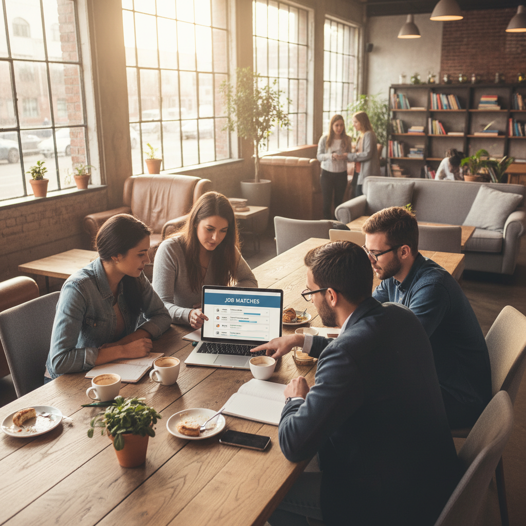 University alumni reviewing job matches on a laptop in a coffee shop