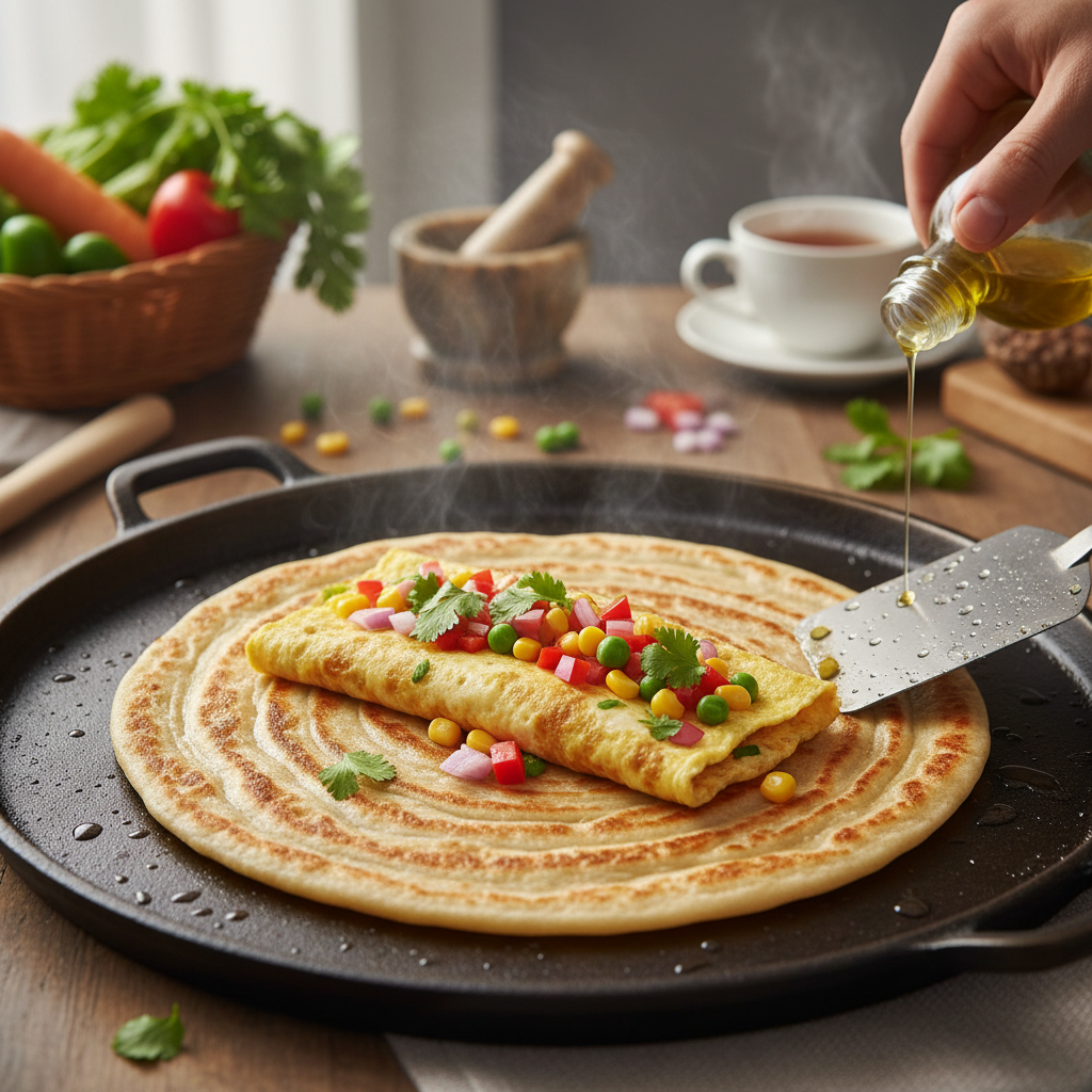 Freshly rolled rolex chapati with egg omelette and vegetables being prepared on a flat griddle