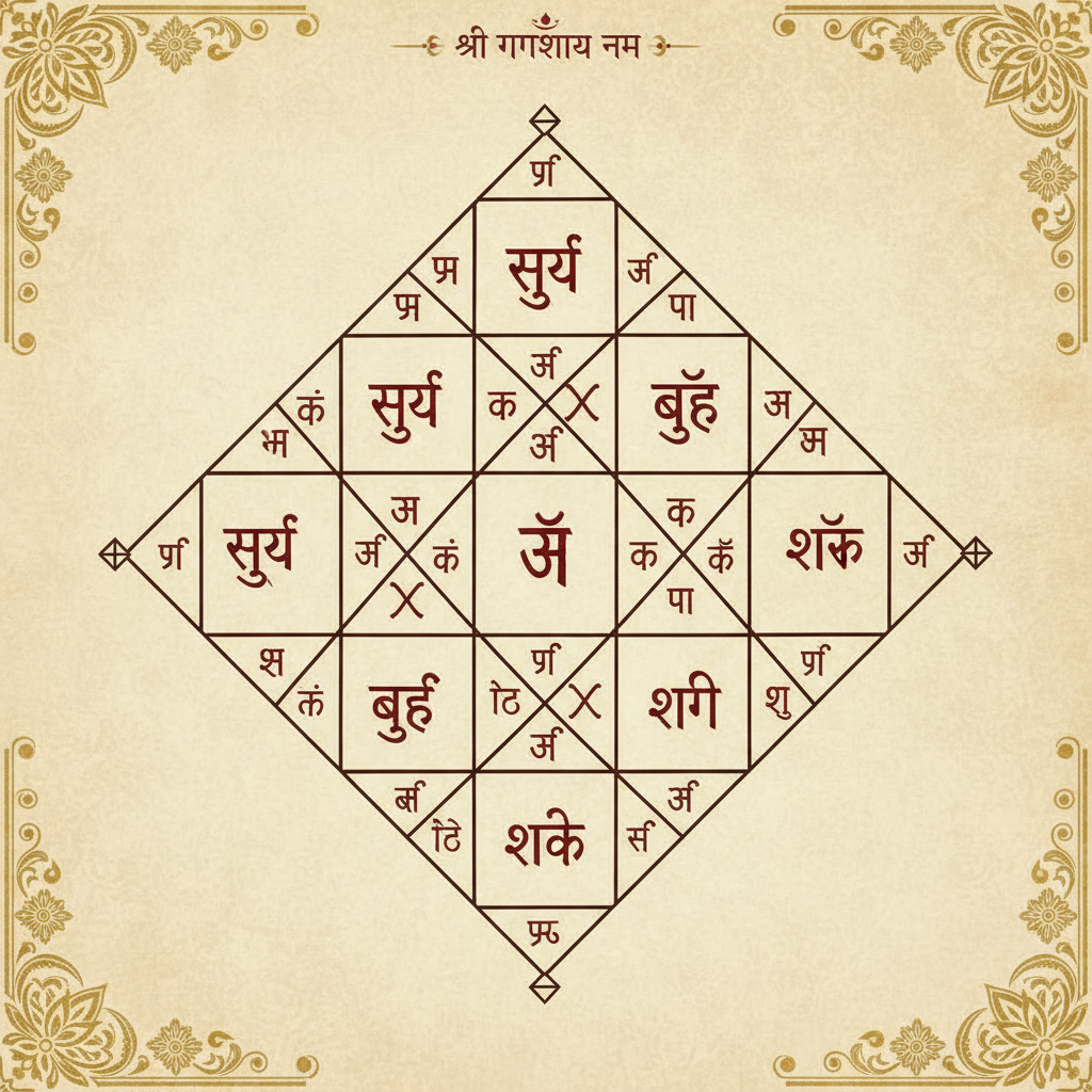 Vedic birth chart kundli analysis showing planetary positions and houses