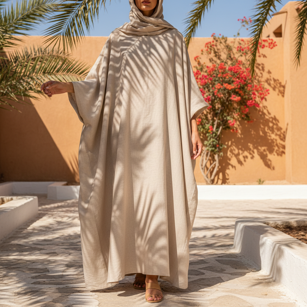 Light ivory linen abaya in breezy outdoor setting, soft natural light