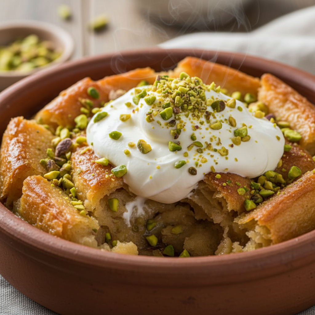 Warm Umm Ali bread pudding with flaky pastry, cream, mixed nuts, and honey drizzle in a clay bowl
