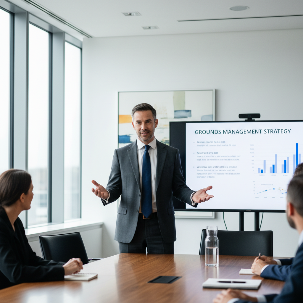 Professional presenting grounds management report in a boardroom meeting