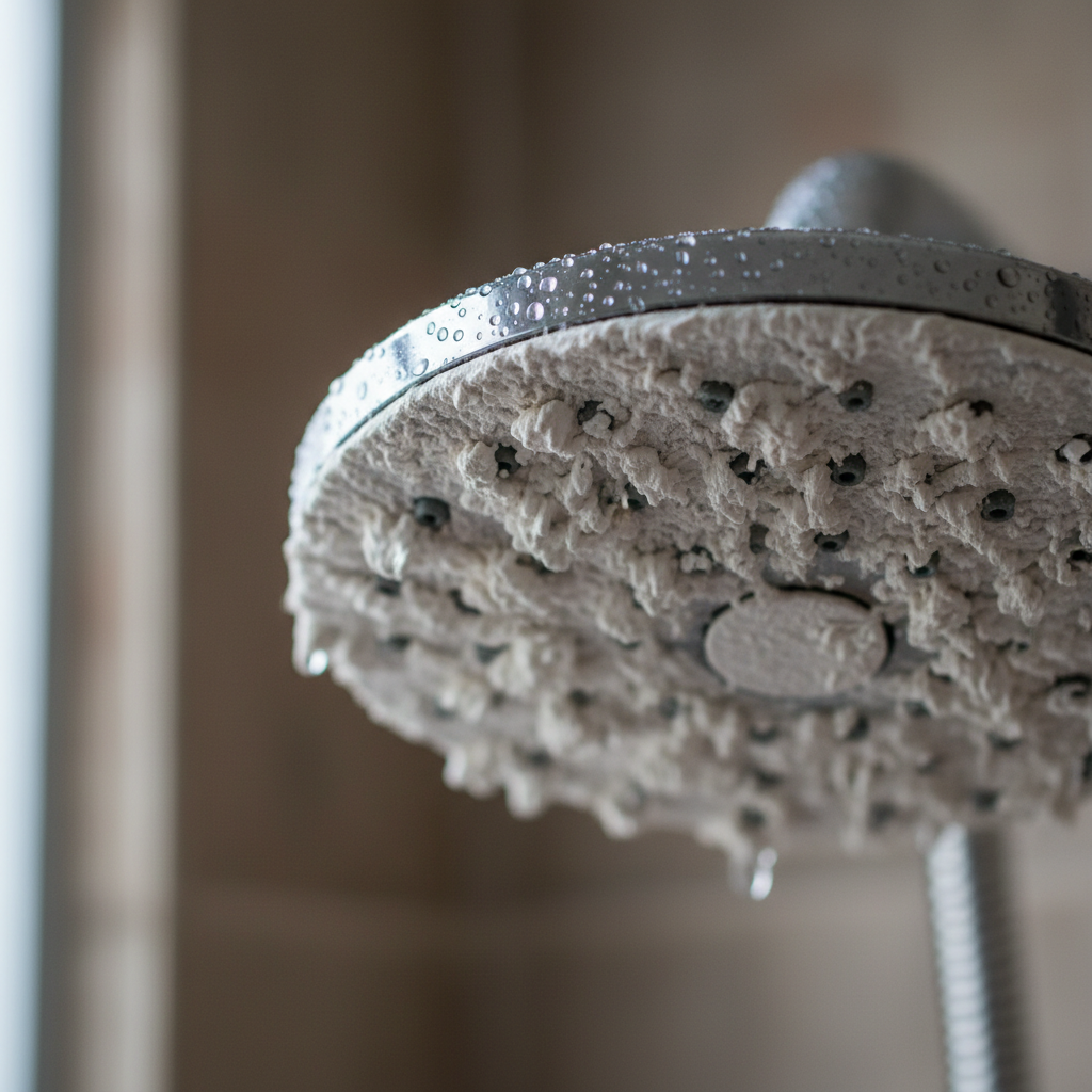 Close-up of a showerhead heavily encrusted with white calcium scale deposits