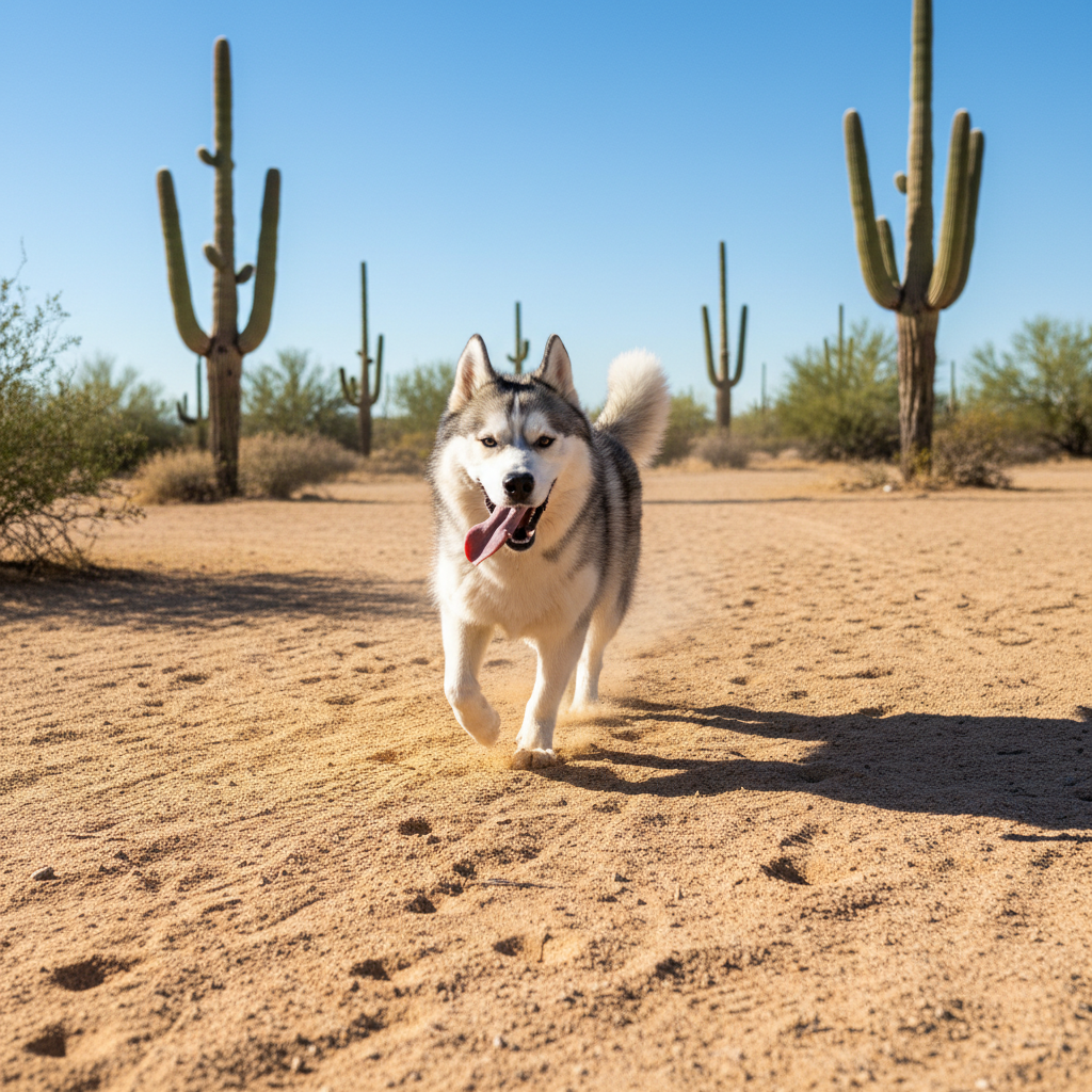 Happy husky running in a desert yard with saguaro cactus in background
