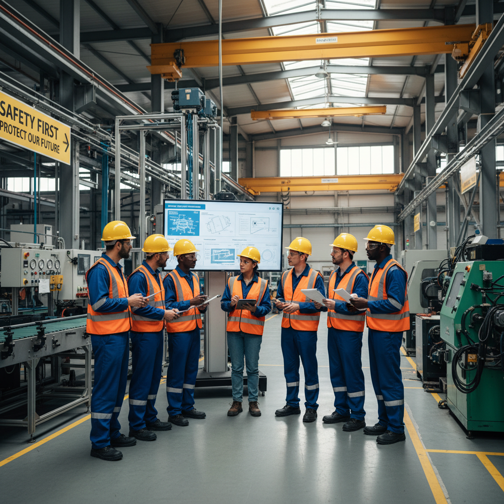 Workers in safety helmets at an industrial facility discussing workplace safety