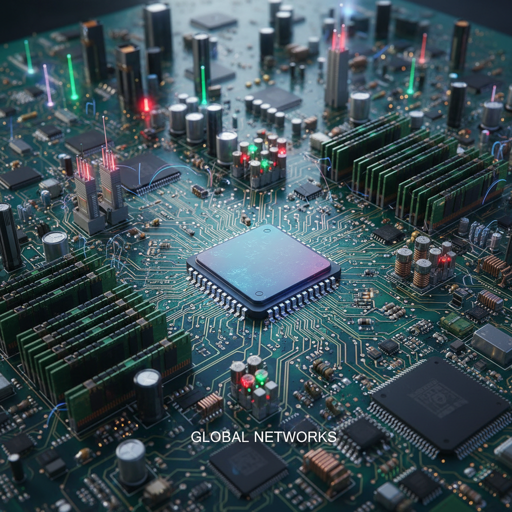 Circuit board and technology hardware components in bright well-lit close-up shot