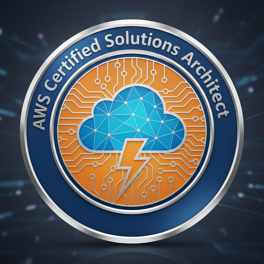 Amazon Web Services certified solutions architect badge with orange and black design