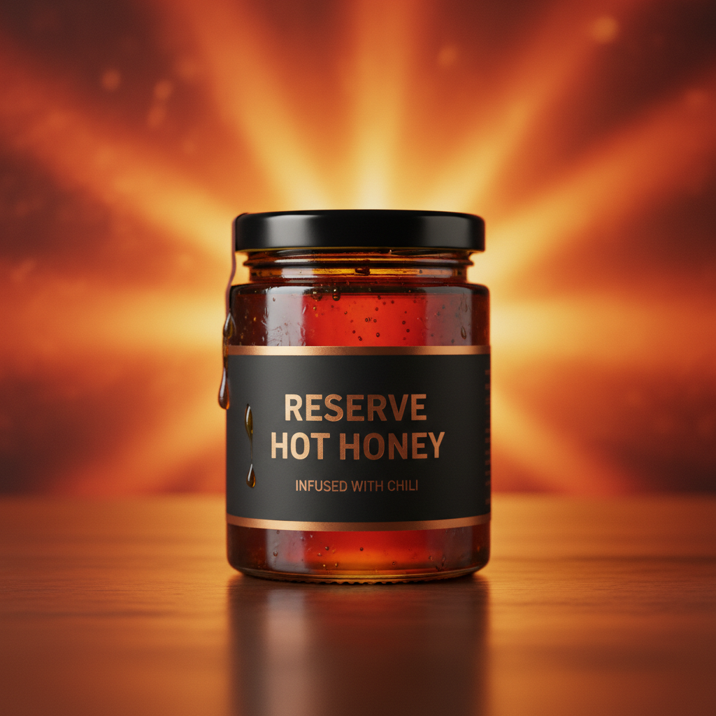 Small dark glass jar of reserve hot honey with dramatic ember-toned background