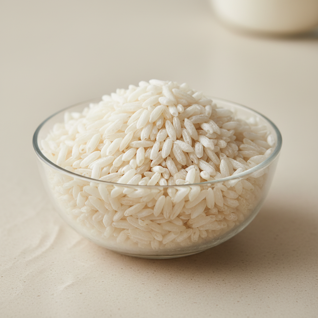 Rice grains in bright natural light on a clean white surface