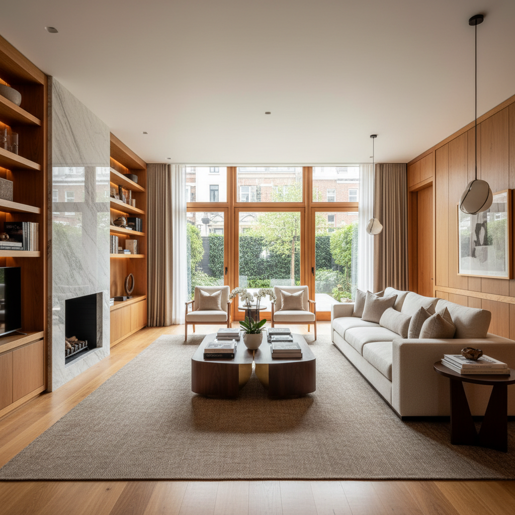 Luxury interior living space with floor-to-ceiling windows and bespoke furnishings in Sandhurst estate