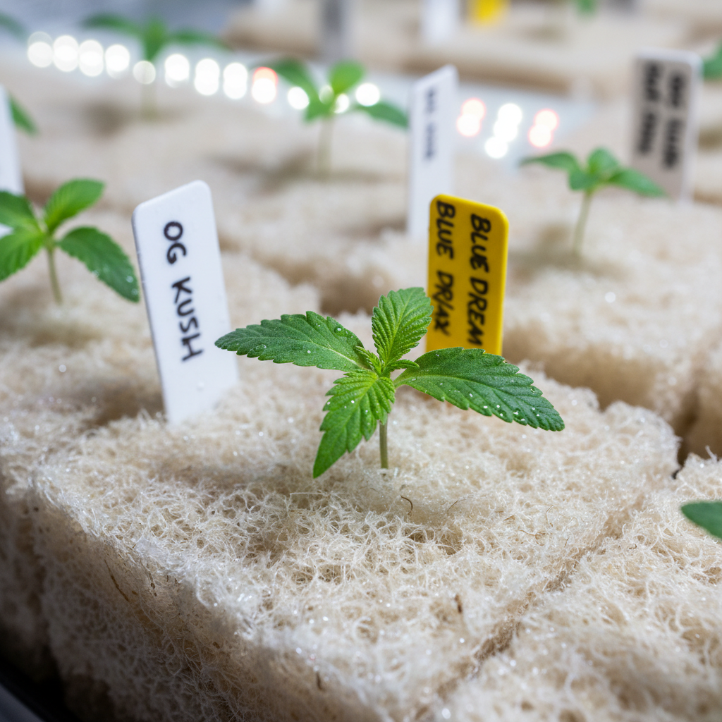 Cannabis seedlings in rockwool cubes under grow lights with ID labels visible