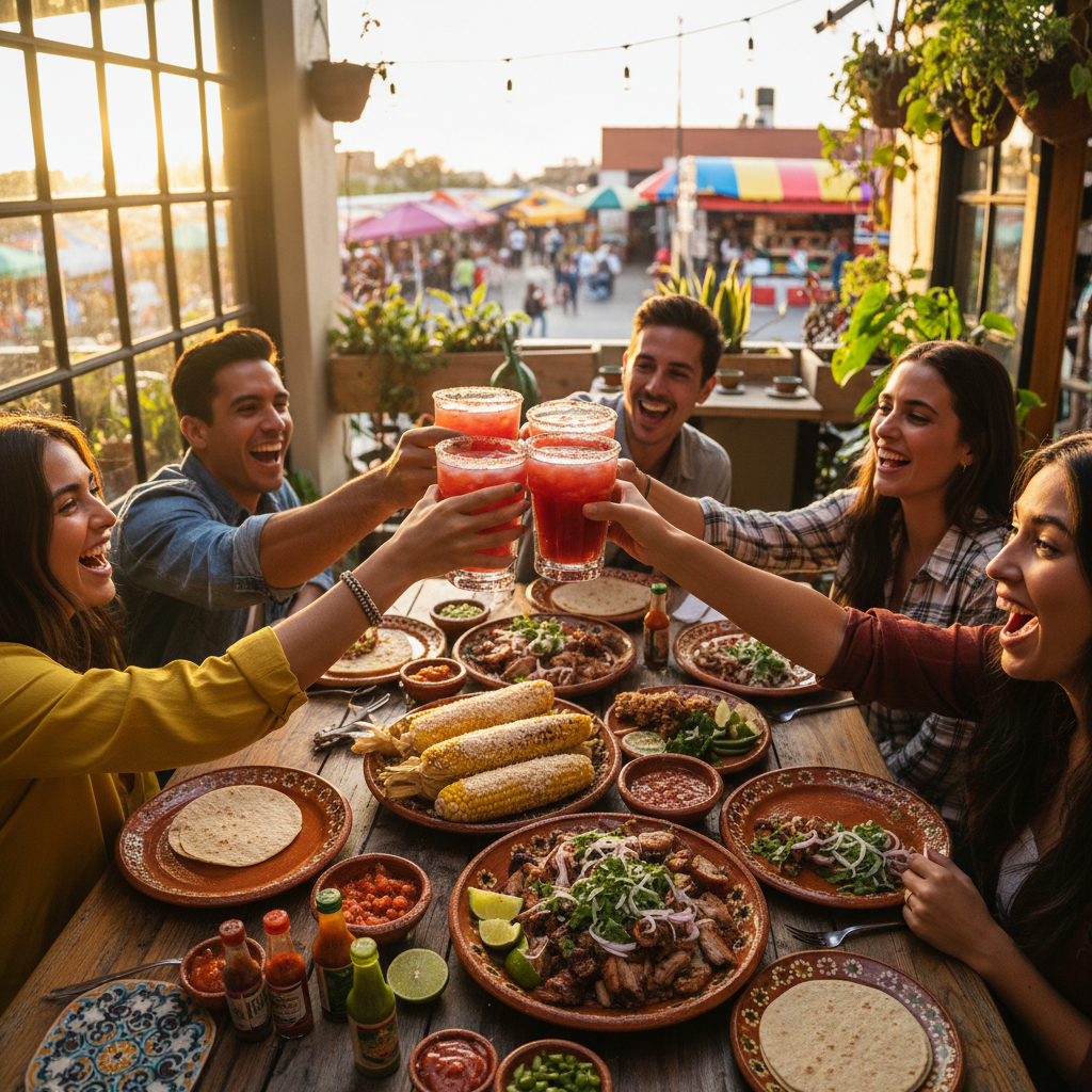 Crew of friends toasting micheladas over a spread of street corn and carnitas