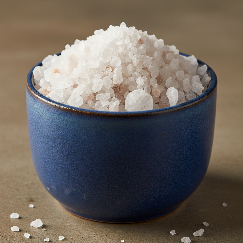 Fleur de sel salt crystals in ceramic bowl with salt marsh landscape in background