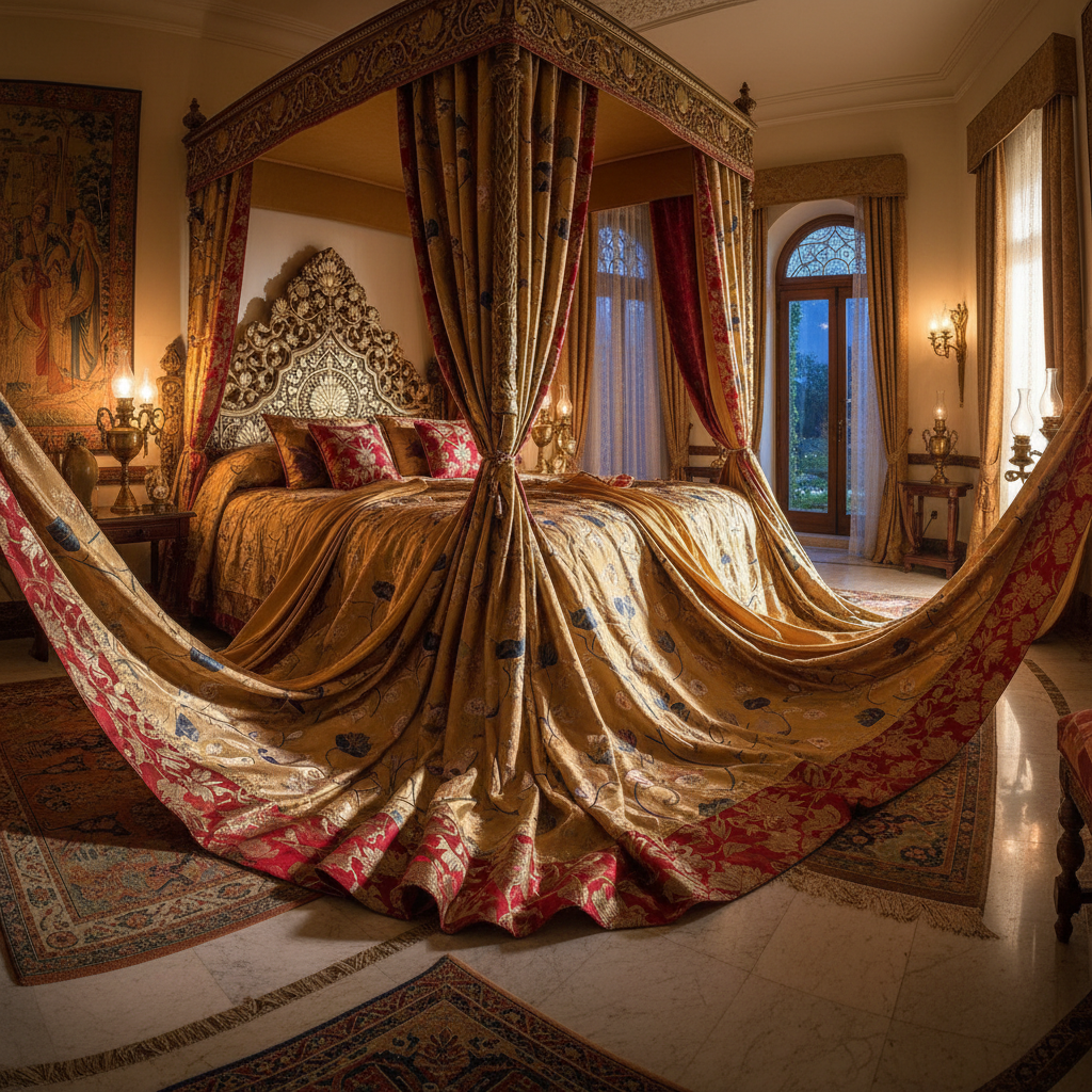 Silk-draped bed in the Royal Lotus suite with brass oil lamps and carved wooden headboard