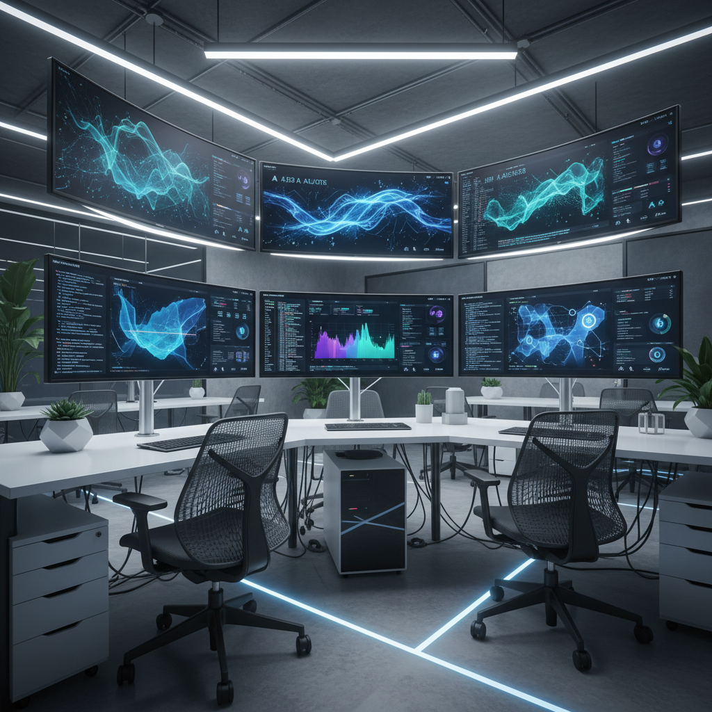 Modern office workspace with multiple computer monitors displaying data analytics dashboards and colorful charts