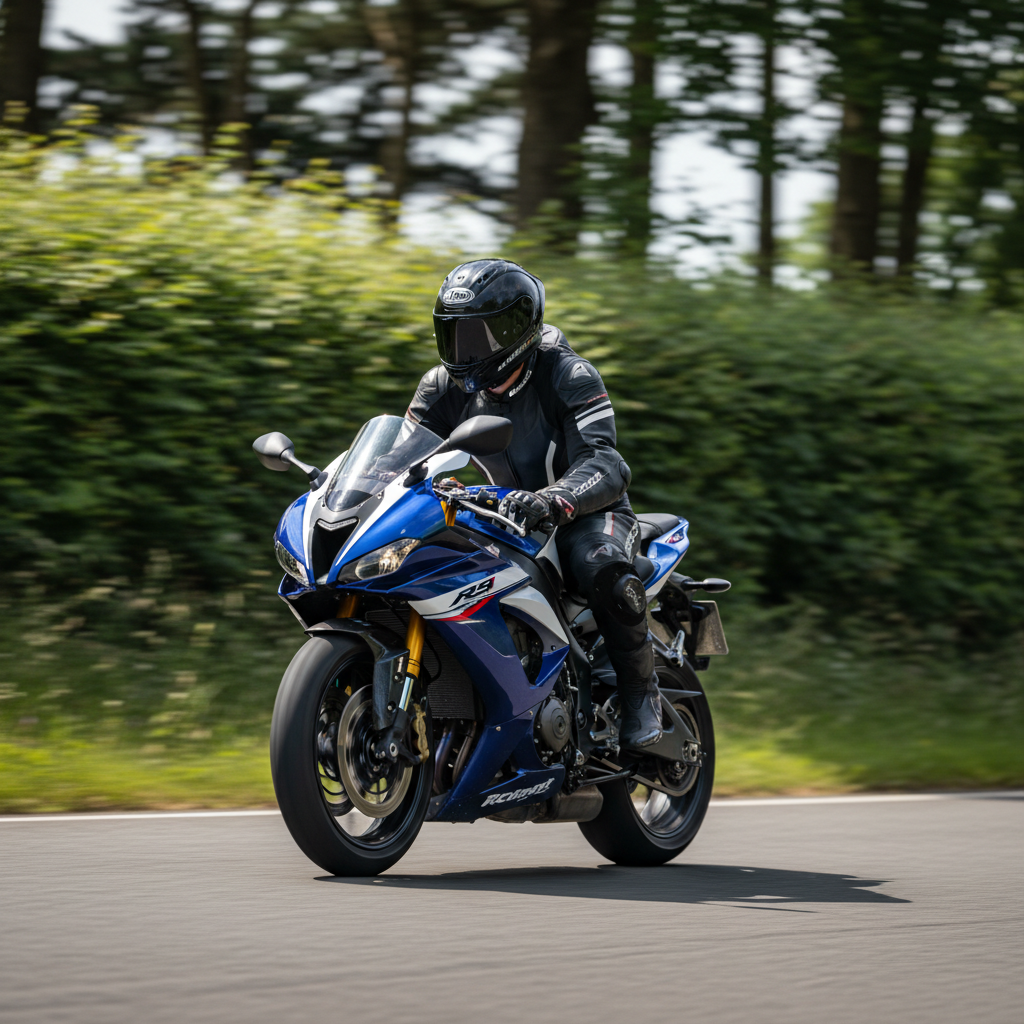 Confident rider mid-lean through a sweeping bend, knee relaxed, visor down, motion blur on hedgerow, Day 5 Open Road Ready