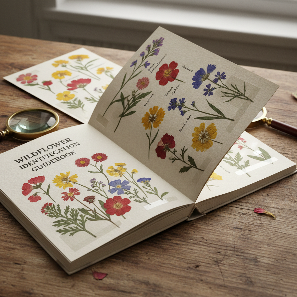 Handsome leather-bound journal with pressed wildflower bookmark on rustic wooden desk