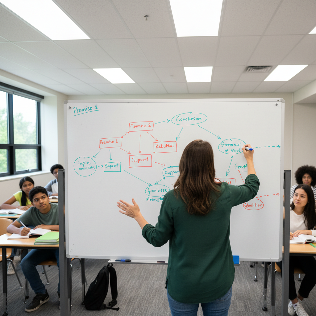 Teacher drawing argument structure diagram on whiteboard with colored markers