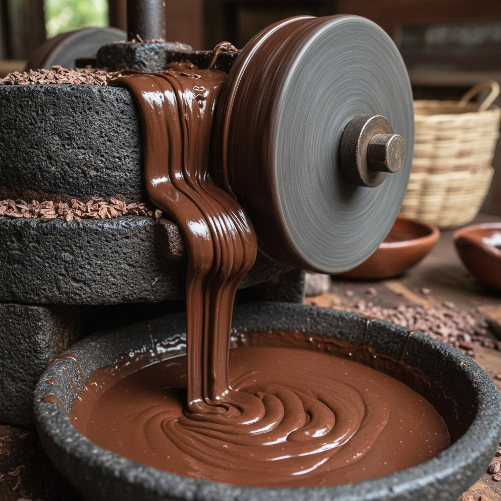 Granite stone mill grinding cacao nibs into smooth chocolate liquor