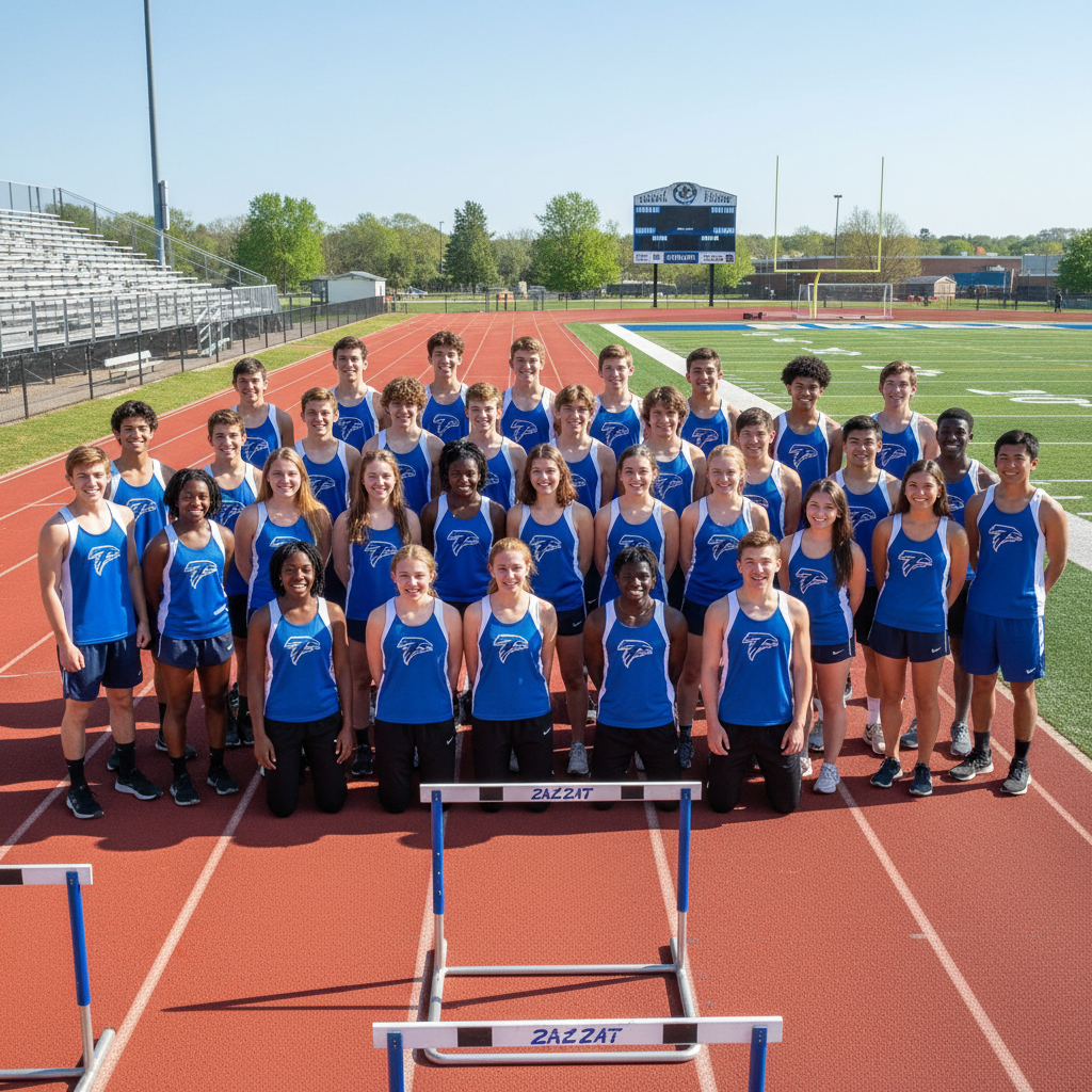 High school track team posing for spring sports composite photo on athletic track