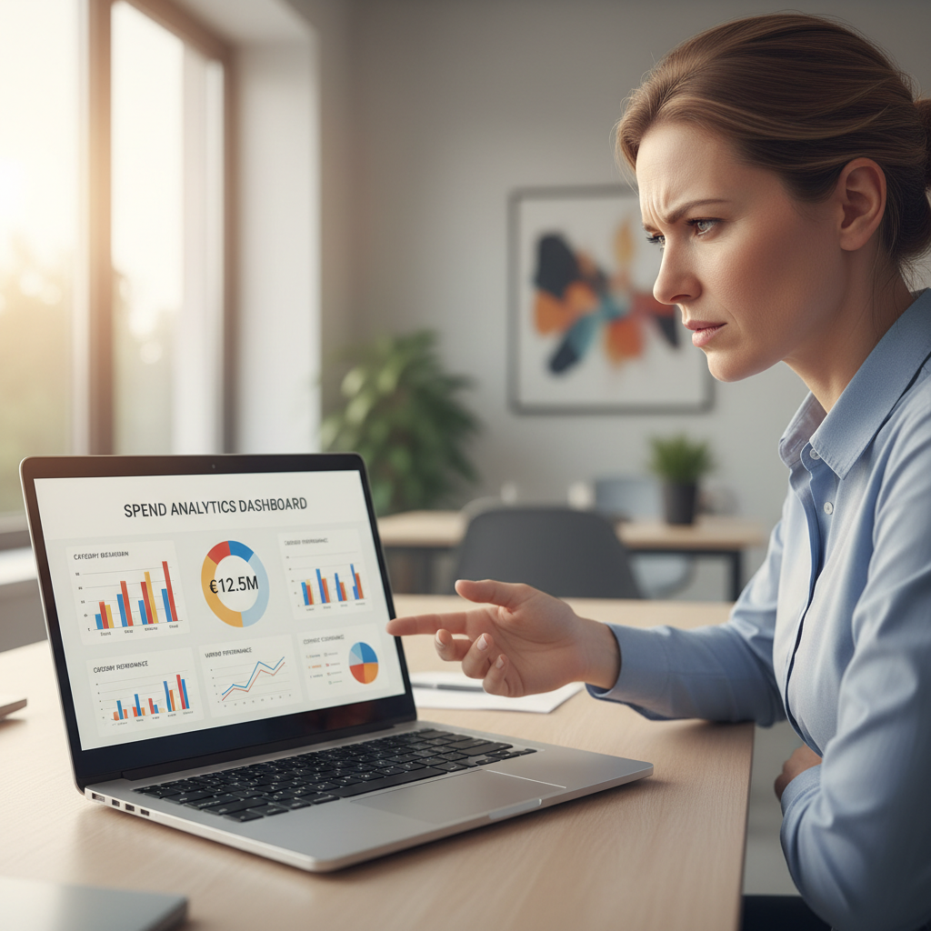 Procurement analyst reviewing spend dashboard on laptop in modern office