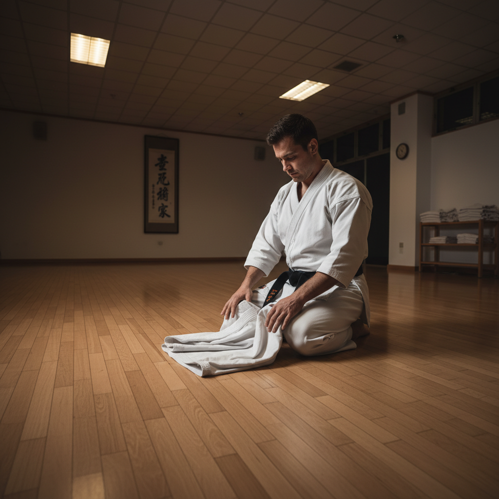 Single black belt karateka in quiet empty dojo, folding their gi alone under dim overhead light in autumn