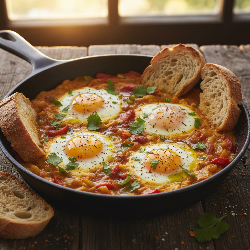 Warm atmospheric shakshuka with eggs poached in spiced tomato sauce in cast iron skillet, steam rising