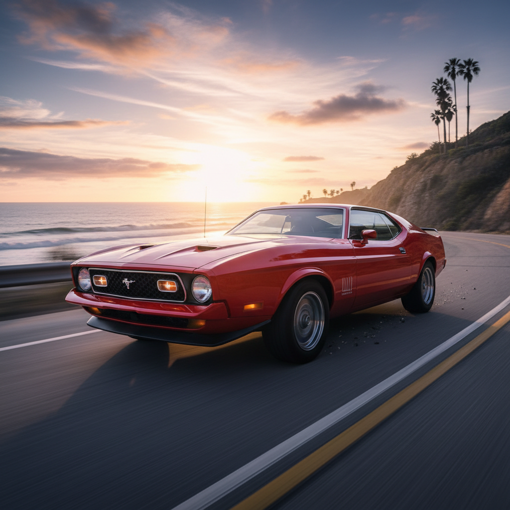 Red Ford Mustang fastback coupe on an open road at sunset